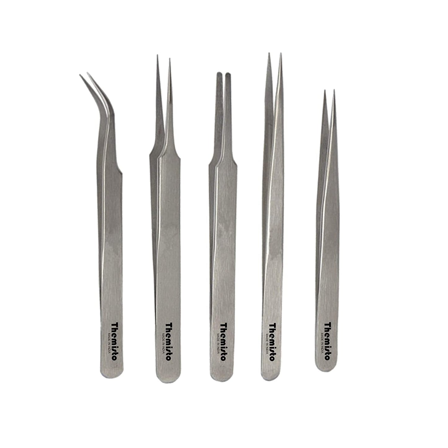 THEMISTO 5 in 1 Stainless Steel Tweezer Set (Stainless Steel)