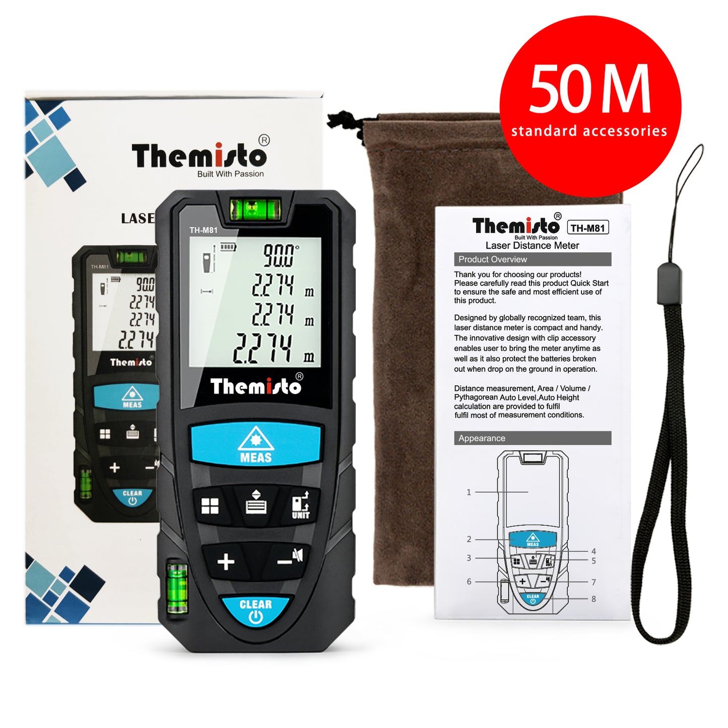 Themisto TH-M81 Laser Distance Meter (50m Range) with Backlit LCD.